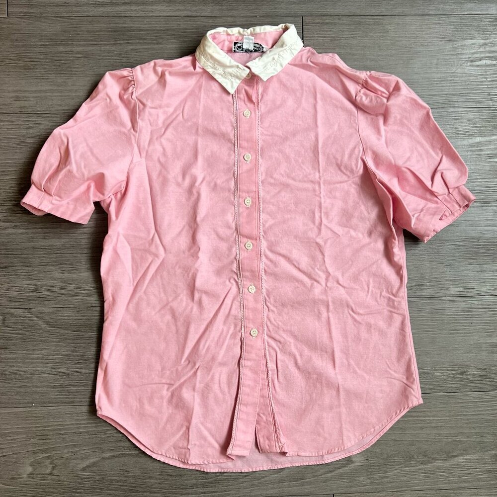 Vintage 70s Pink Collared Button Up Puff Sleeve Blouse The Villager Size 14